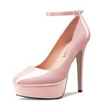 Aachcol Women Platform Pumps Close Round Toe Ankle Strap Slip-on Stiletto High Heel Dress Shoes Pumps Party Wedding Patent 5 Inch, Beige B, 7.5