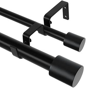 Black Double Curtain Rods for Windows 72 to 144 Inch(6-12Ft),Adjustable Telescoping Double Curtain Rod with Cylindrical End Cap,1 Inch Diameter Heavy Duty Double Drapery Rod Set 72-144”,Matte Black