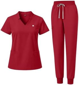 Eadflie Scrubs for Women Set- V-neck Slit Top & Tapered Jogger Pants, 8-Pocket Stretch Uniforms for Nurses & Healthcare Professionals- [Red/2XL]