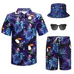 Harloon 4 Pcs Men's Hawaiian Shirt and Short Set Beach Outfit Palm Print Halloween Tropical Suit with Bucket Hat Sunglasses(L Size)