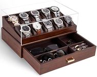 KAMIER 10 Slots Watch Box Case Organizer Display for Men,Two-Tier Wooden Watch Box Organizer For Men with watch holder and Drawer,Walnut