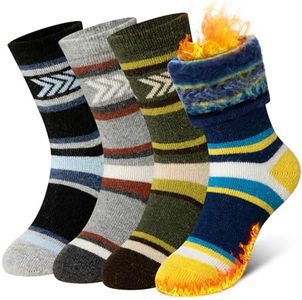Eyean Kids Wool Heated Hiking Socks Thick Warm Thermal Soft Winter Snowboarding Boy Girls Insulated Socks 4 Pairs, Striped, 4-7 Years