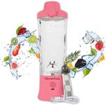 Kitchen Guru Elite Rechargeable Travel Blender: 240W Personal Smoothie Maker with 6-Leaf Blade, 600ml Capacity, and Innovative Pop-Up Design for Easy Portability - For Home or On the Go (Pink)