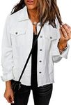 EVALESS Female Basic Ripped Distressed Denim Jean Jacket 2024 Fall Plus Size Stretch Classic Long Sleeve Button Down Washed Trucker Jacket for Women White Large