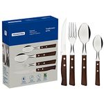 Tramontina Cutlery Set with Steak Knives, 24 Piece Sharp Knife, Forks, Teaspoons, Tablespoons with Wooden Handles, ‎Camping, Kitchen, Rustic, 22299050