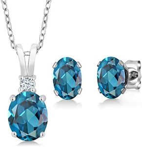 Gem Stone King 925 Sterling Silver London Blue Topaz Pendant and Earrings Jewelry Set For Women | 3.15 Cttw | Gemstone Birthstone | With 18 Inch Silver Chain