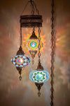 DEMMEX Customizable Turkish Moroccan Mosaic Plug in Chandelier Ceiling Hanging Lamp Pendant Light Fixture Lighting, 4.5mt Cord Chain and Plug, 3 Big Globes