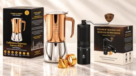 FIAMMA & FERRO Stovetop Espresso Maker & Manual Coffee Grinder Bundle | 12-Cup Stainless Steel Moka Pot with Canvas Travel Bag & Titanium+ Manual Burr Grinder (Espresso–Turkish-French Press and more)