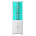 Rolanstar Corner Shelf with LED Light, 5-Tier Corner Cabinet with Door, White Corner Bookshelf, Tall Corner Storage, 66.9" Corner Stand Display Shelf for Living Room, Home Office, Small Space