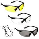 voltX 3 x CONSTRUCTOR' BIFOCAL Reading Safety Glasses (+1.5 Dioptre Clear, Yellow & Smoke Lens) UKCA & CE EN166f certified/Cycling Sports Glasses – Wraparound Style + Safety Cord with headstop