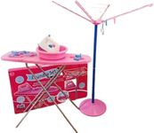 Aggloz | Large Pink Laundry Role Play Set For Kids | Realistic Pretend Toys Washing Bowl, Washing Line With Colourful Pegs & Wires, Pretend Steam Iron & Ironing Board | Children Aged 3+ (Pink)