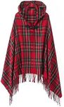 Women's Button Poncho Cape Plaid Tassel Wrap Shawl (Series 2 Red)