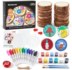 Wood Slices Kit, Shuttle Art 35 PCS Unfinished Natural Wood Slices with Pre-Drilled Hole, Acrylic Paint, Permanent Markers, Jute Twine, DIY Craft for Kids Adults Holiday Decoration Christmas Ornaments