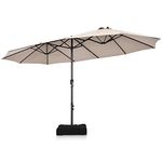 DORTALA 15FT Double-Sided Twin Patio Umbrella, 12-Rib Structure Design Outdoor Crank Market Umbrella W/Hand-Crank System & Enhanced Base, Patio Cantilever Umbrella for Garden, Poolside, Deck, Beige