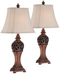 Exeter Traditional Style Table Lamps 30" Tall Set of 2 Bronze Wood Carved Leaf Creme Rectangular Bell Shade Decor for Living Room Bedroom House Bedside Nightstand Home Office - Regency Hill