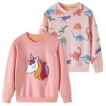 SOIBEEN Girls Sweatshirt Adorable Kids Pullover 2-Pack Unicorn Dinosaur Top Shirt Jumper Crew-neck Long Sleeve Casual Clothes Spring Fall Cotton Hoddie 3-4 Years