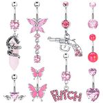 Sanfenly 14G Belly Button Rings Dangle Stainless Steel Navel Rings Pink CZ Heart Butterfly Belly Rings Dangling Belly Piercing Jewelry For Women, Metal, cubic-zirconia