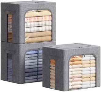 Lifewit 3 pezzi Scatole per Armadio Rigide con Cerniera, Organizzatore Armadio con Struttura in Metallo Pieghevole, Contenitori per Armadio Impilabili per Vestiti, Trapunte, Piumone, Grigio, 40L