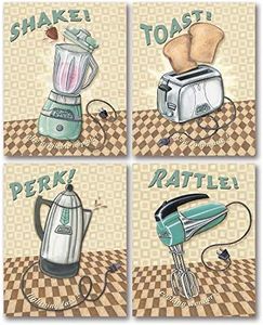 Gango Editions 4 Retro Kitchen Appliance Prints Toaster Mixer Percolator Blender; Four 8 by 10-Inch Mounted Fine Art Prints; Ready to Hang! Beige/Brown/Teal