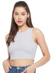 LE BOURGEOIS Women Solid Slim Fit Round Neck Sleeveless Cotton Rib Casual Crop Top Dance Vest Sando (Large, Grey)