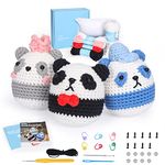 Crochet Kit for Beginners - 3 PCS Pandas Crochet Kit, Learn to Crochet, Include Step-by-Step Video, Tools, Surprise Gift for Adults