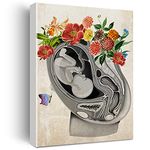 Vintage Pregnancy Art Canvas Painting Fetus in Womb Flower Anatomy Art for Home Wall Decor Framed Obstetrics Artwork Gifts(12x15 Inch)