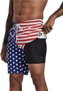 difficort Mens Swimming Trunks with Compression Liner Quick Dry Board Shorts Swimsuit with Zipper Pockets,Flag,Small