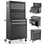 GiantexUK Tool Cabinet, 2 in 1 Lockable Metal Tool Chest with Removable Top Cabinet, Wheels, 5/6 Drawers, Pegboard & Hooks, Heavy-duty Rolling Tool Box Trolley (with Middle Toolbox, Black)