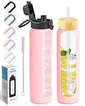 Nefeeko 32 oz Glass Water Bottles with Straw, Motivational Glass Water Bottle with Time Marker, 1 Liter BPA FREE Leakproof Reusable Glass Water Bottle with Silicone Sleeve, Bamboo Lid, Spout Lid (B)