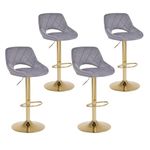 Relbiety Bar Stools Set of 4 Modern Adjustable Barstool Velvet Upholstered Bar Stool Chairs with Hollow Back Counter Height Swivel Kitchen Island Stools for Bar/Pub/Kitchen/Dining(Grey, Gold Base)