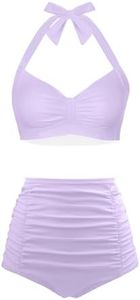 Holipick Women High Waisted Bikini Set Two Piece Tummy Control Swimsuit Halter Top with Bottom Bathing Suit Vintage Swimwear, Lavender, Large