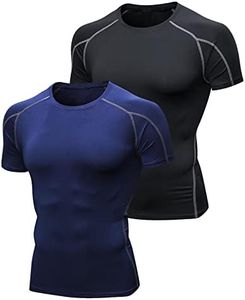 Niksa 2 Piezas Camisetas de Fitness Compresión Ropa Deportiva Manga Corta Hombre para Correr, Ejercicio,Gimnasio Negro Gris+ Azul Marino 1053(XXL)