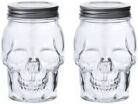 DURA LIVING Set of 2 Skull Mason Jar Glasses with Lids | 16oz Reusable Halloween Drinking Glasses | Unique Skull Décor, Storage, & Canning Jars for Parties & Gifts