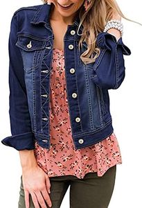 LookbookStore Denim Jacket for Women Spring Clothes Classic Trucker Jackets Basic Long Sleeves Button Down Fitted Stretchy Denim Jean Jackets for Women Insignia Blue Size XXL