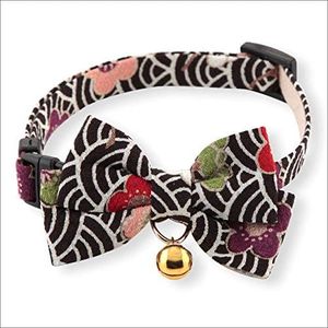 Matsuri Bow Tie Cat Collar (Black) with Bell Safety Breakaway Soft Lightweight for Cats Kitty Kitten Japanese Stylish Pattern, No.1 Seller in Japan
