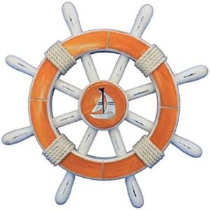 Hampton Nautical Decorative Ship Wheel with Sailboat, 12", Rustic Orange/White