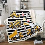 Transporter Dump Truck Bed Blanket Boys,Cartoon Caution Transport Trucks Construction Fleece Blanket for Kids Teenager Child Girls,Dump Everything Vehicles Throw Blanket 40"x50",Black White Stripes