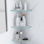 Plantex Transparent Glass Corner Shelves for Bathroom/Kitchen/Living Room Wall Mounted Shelves - Premium Bathroom Organizer (9x9 inches - Pack of 3)