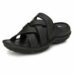 HITZ Men's Black Leather Open Toe Comfort Slippers - 6