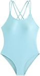 OYOANGLE Girl's Basic One Piece Swimsuit Criss Cross Spaghetti Strap Sports Training Bathing Suit Light Blue 9Y9 Years