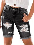 luvamia Women Casual High Waisted Cuffed Hem Denim Jeans Short Distressed Bermuda Shorts Fade to Black Size Small