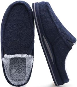 ONCAI Mens Slippers with Orthotic Arch Support,Cotton-Blend High-Density Memory Foam Plantar Fasciitis House Slippers Warm Clogs Slip-on Indoor Outdoor Rubber Sole Fur Felt Drak Blue Size 7