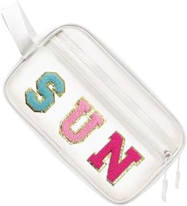 COSHASYOO Clear Makeup Bags with Strap Preppy Chenille Letter Patch Cosmetic Zipper Pouch, Small Cute Travel Toiletry Make Up Gifts Storage Purse Organizer for Women Teens Girls, White-SUN