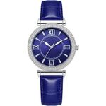 NUOVO Ladies 39.5mm Rhinestone Bezel Dress Watch 30m Water Resistant Large Women's Watches Sliver Case with Blue Dial and Blue Leather Strap