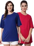 FUNDAY FASHION Cotton Half Sleeve Printed Oversized T-Shirt for Womens/Girls (Pack of 2) (X-Large, Rani Pink & Royal Blue)