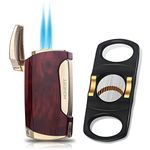 Torch Lighter Cigars Double Jet Flame Lighter with Cigar Punch (Brown+Gold-E)