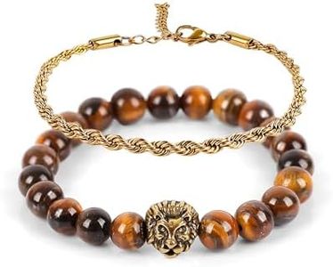 Mens Beaded Bracelets Tiger Eye 8mm Natural Stone Beads Adjustable Bracelet Set, Stainless Steel Chain Link Bracelet Jewelry for Men Gifts Son Boyfriend Husband Father Him - Brown