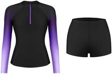 ATTRACO Rash Guard for Women Zipper Swim Shirt with Boyshort Bottom Gradient Long Sleeve Swim Tops Purple L