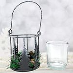 BANBERRY DESIGNS Christmas Metal Candle Holder with Xmas Trees and Greenery - Woodsy Rustic Look Glass Insert Votive Holder Included 4" x 3 3/4"