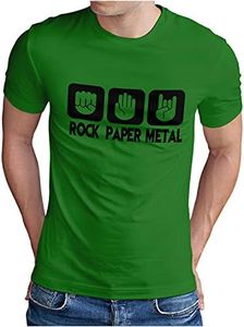 OM3® Rock Paper Metal T-Shirt | Men's | Stone Paper Scissors Metal Hand | S - 5XL, Green (Black Print), 3XL